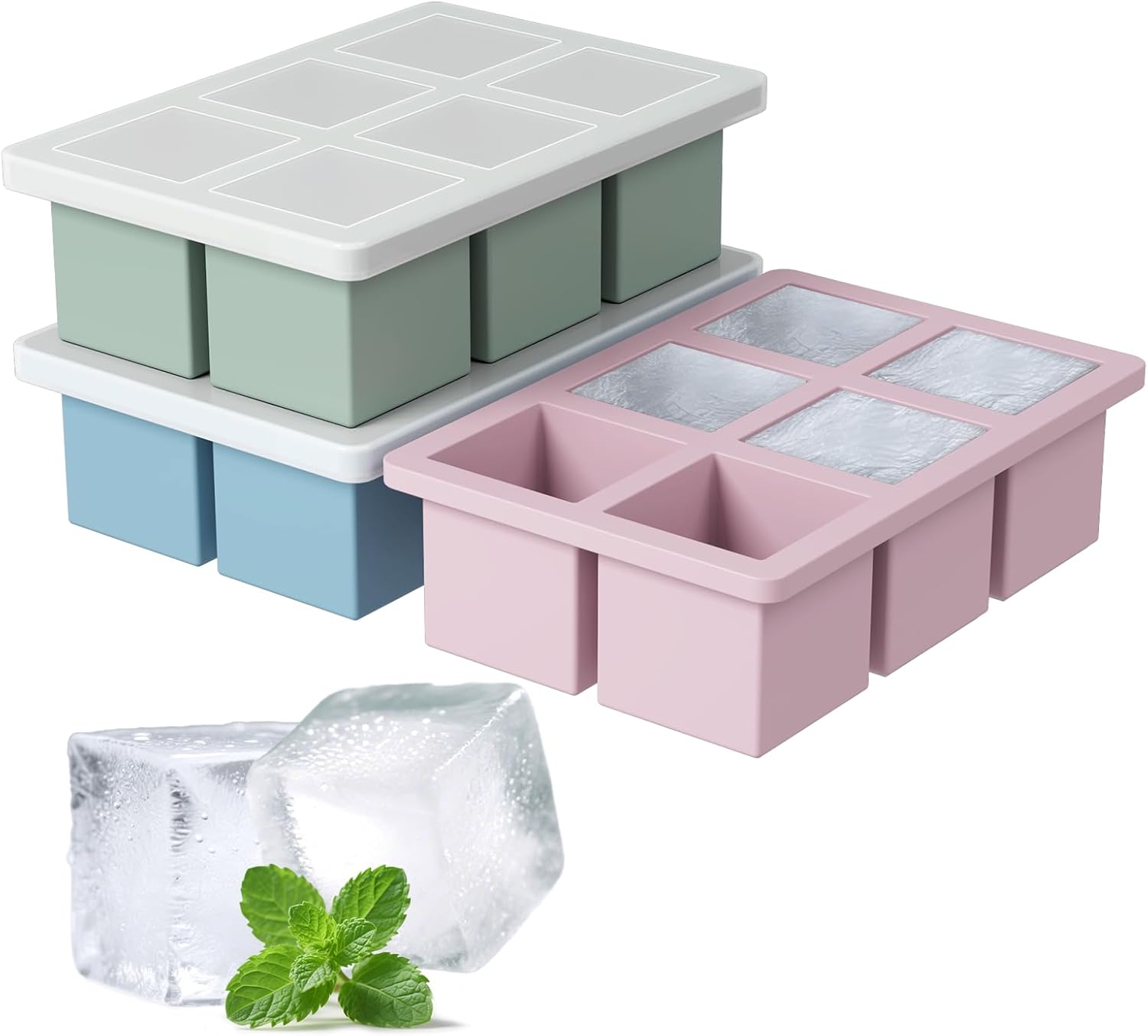 Large Silicone Ice Cube Tray 3Pack, SAWNZC Big Square Ice Cube Molds for Whisky Cocktail, Ice Maker Tray with Lid for Freezer, Easy Release (3, Blue+Green+Pink) 3 Blue+Green+Pink