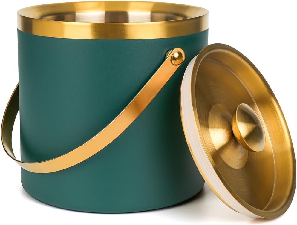 3L Double-Wall Insulated Stainless Steel Ice Bucket with scoop for Cocktail Bar - Metal Ice Bucket for freezer with Lid for parties,Camping,and More!champagne bucket,bar cart accessories Green