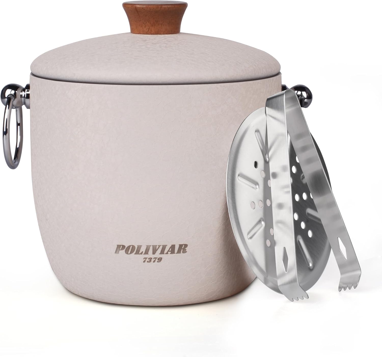 POLIVIAR Ice Bucket, 2.5L Double Wall Ice Bucket with Lid, Stainless Steel Ice Bucket with Tong & Strainer, Ice Bucket for Cocktail Bar, Home & Parties, JX2023-IBLM C-Beige