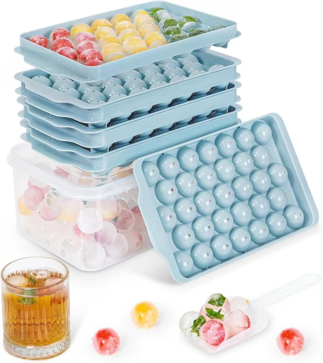 3 Pack Ice Trays for Freezer, 99 PCS Ice Cube Tray with Lid and Bin, Round Ice Cube Trays for Freezer, Circle Ice Cube Tray for Chilling Drinks Blue