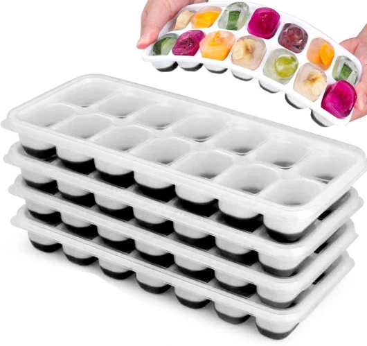 Set of 4 Stackable Silicone Ice Cube Trays with Removable Lids - Flexible, Spill-Resistant, Dishwasher Safe (Black)