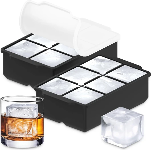 Large Silicone Ice Cube Tray (2-Pack), Easy Release 2" Big Ice Cubes - Cocktail, Whiskey Ice Cubes Mold - BPA Free Ice Trays for Freezer - Ice Tray With Stackable Lid - Black 2-Pack Black