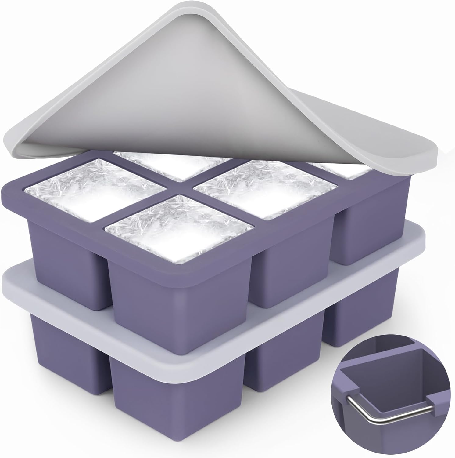 Silicone Ice Cube Tray: 2pack Square Whiskey Large Ice Cube Molds - Old Fashioned Ice Cube Trays with Lid - 2inch Easy Release Big Freezer Mold for Cocktail Baby Food Soup & Juice Purple+Purple