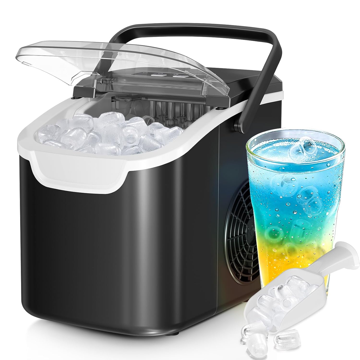 Countertop Ice Maker Machine – 8 Bullet Ice in 6 Mins, 26lbs/24Hrs Output – Self-Cleaning Portable Design with Selectable Ice Size & Touch Display for Home/Office/Bar Pure Black 26LBS/24H