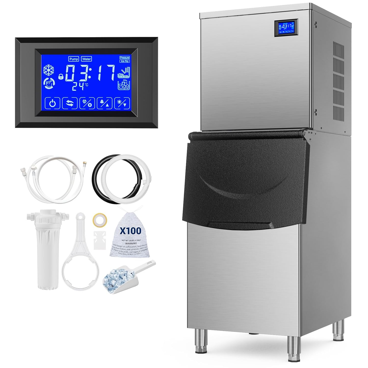Commercial Ice Machine 650 Lbs/24H, 450Lbs Large Storage, Ice Ready in 8-15 Min, ETL Approval, Powerfull Compressor, Auto Cleaning, Stainless Steel ice Maker for Bar Cafe Restaurant Business