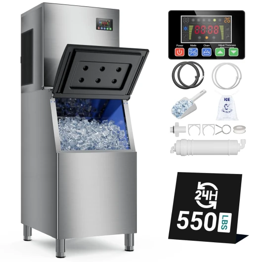 Commercial Ice Maker Machine 550lbs/24H Stainless Steel, with 360LBS Storage Bin, Industrial Ice Machine, Ice Ready in 5-15min, Perfect for Bars,Cafes 550LBS 1