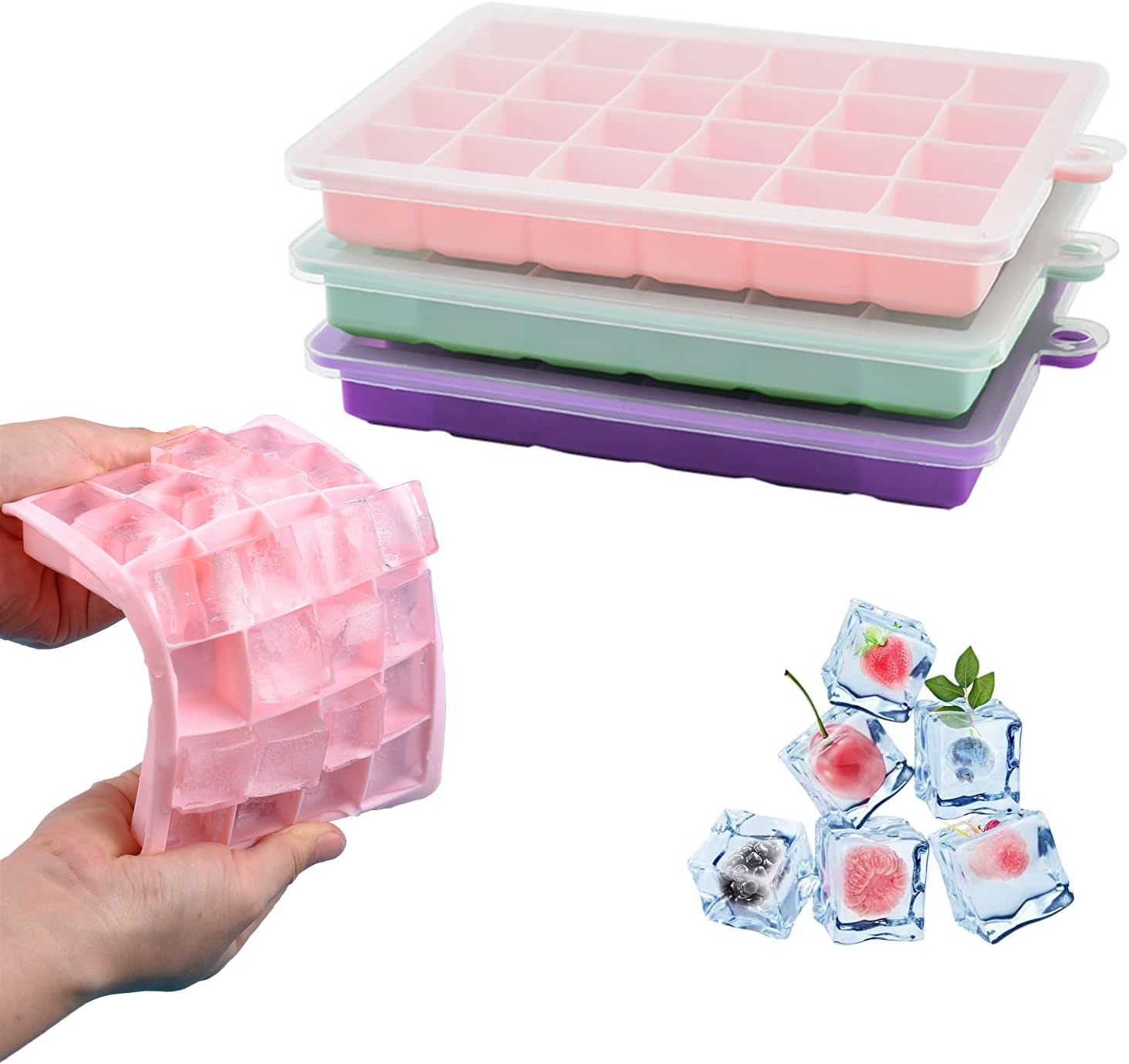 Ice Cube Tray, 3 Pack Silicone Ice Cube Molds, Ice Cube Trays, Silicone Ice Trays, Easier to Release, BPA Free for Alcohol/Coffee/Beverages (Pink, Light blue, Purple)