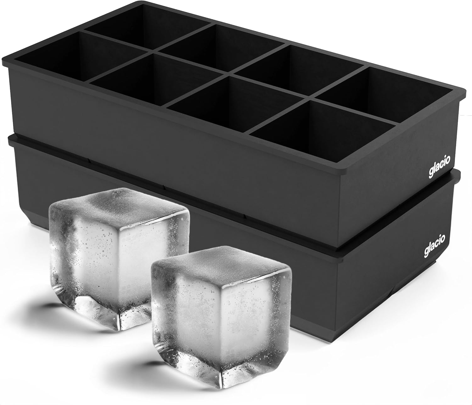 Ice Cube Molds – 2-Pack Silicone Trays for 8 Large Square Cubes – Slow-Melt Ice for Whiskey, Cocktails, Coffee & More Black