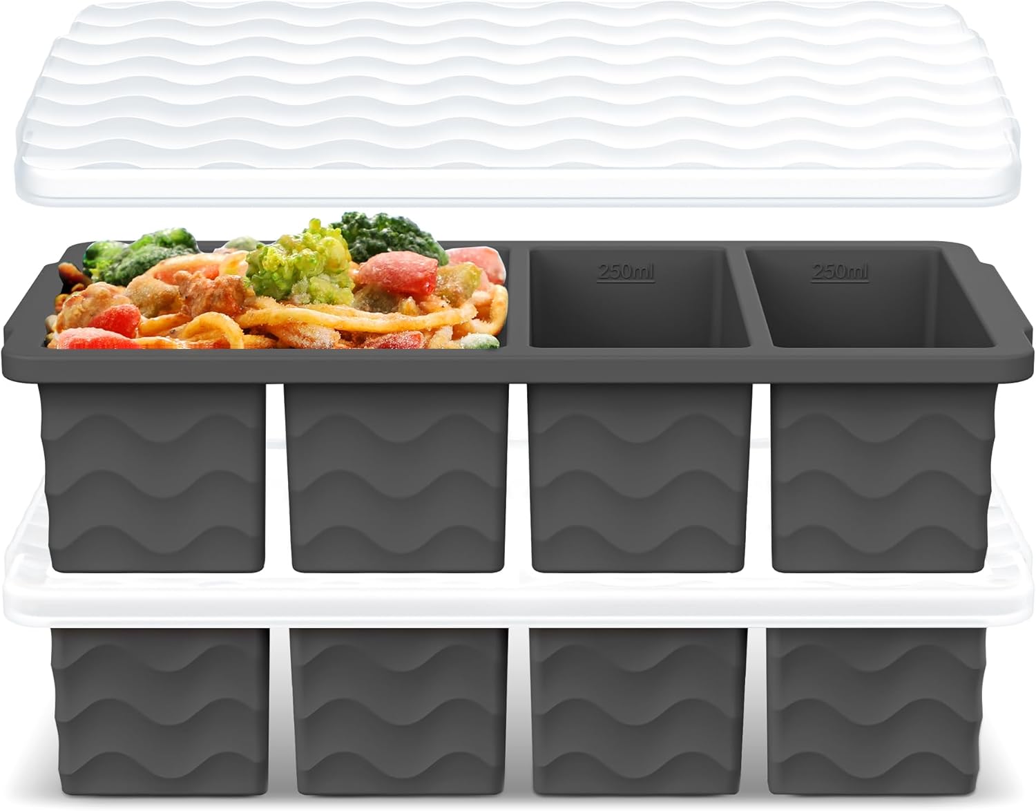 Silicone Freezer Tray for Soup with Lid – 1-Cup Soup Container Style Ice Cube Trays for Freezer, Meal Prep & Food Storage, Freeze 250mL/125mL Portions – 2 Pack Dark Gray