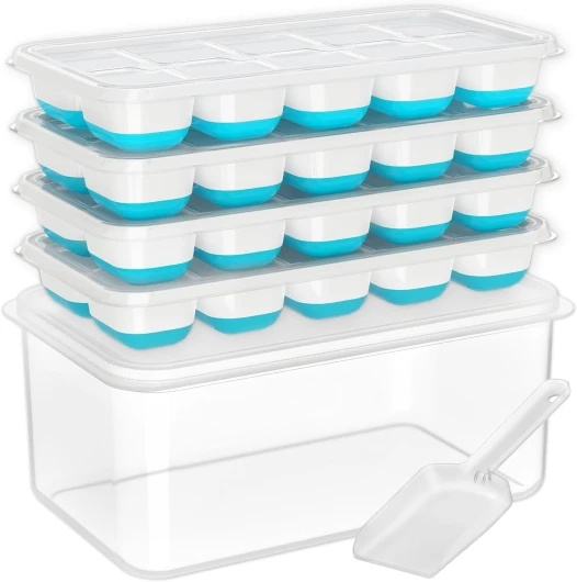 Ice Cube Tray with Lid and Bin, 4 Pack Silicone Plastic Ice Cubes Trays for Freezer with Box/Container, Stackable with Storage Iced Bucket Kits, Scoop, for Soup, Food, Cocktail, Coffee Blue 8.2*4.5*3.6IN - 4 Pack