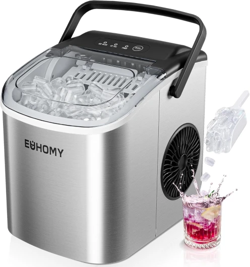 Countertop Ice Maker Machine with Handle, 26lbs Per Day, 9 Ice Cubes Ready in 6 Mins, Auto-Cleaning Portable Ice Maker with Basket and Scoop, for Home/Kitchen/Camping/RV (Silver) ICE MACHINE 11.57"D x 11.42"W x 8.74"H Light Grey