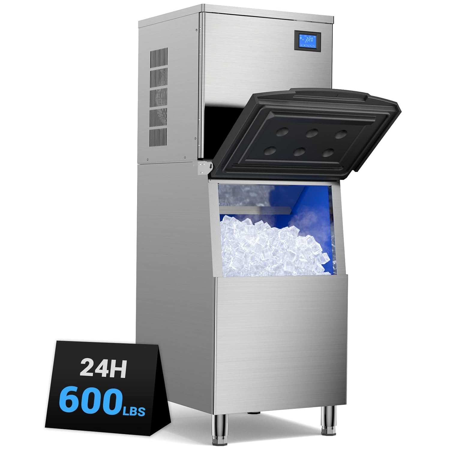 ETL Listed 600LBS/24H Commercial Ice Machine,560LBS Large Capacity Industrial Ice Maker,Ice Ready in 5-15min,Filter 99% of Impurities,with Self-Cleaning & Timing Function,304 Stainless Steel 600lbs/24h & 560lbs Capacity 1