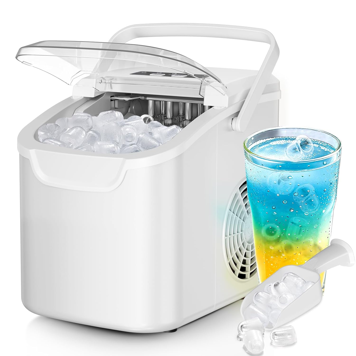 Portable Countertop Ice Maker – 26.5lbs Daily Ice Production, 8 Bullet Cubes in 6 Mins – Self-Cleaning, Selectable Ice Sizes & Touchscreen Display for Home/Office/Bar Glossy White 26.5LBS/DAY