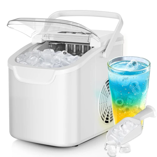 Portable Countertop Ice Maker – 26.5lbs Daily Ice Production, 8 Bullet Cubes in 6 Mins – Self-Cleaning, Selectable Ice Sizes & Touchscreen Display for Home/Office/Bar Glossy White 26.5LBS/DAY