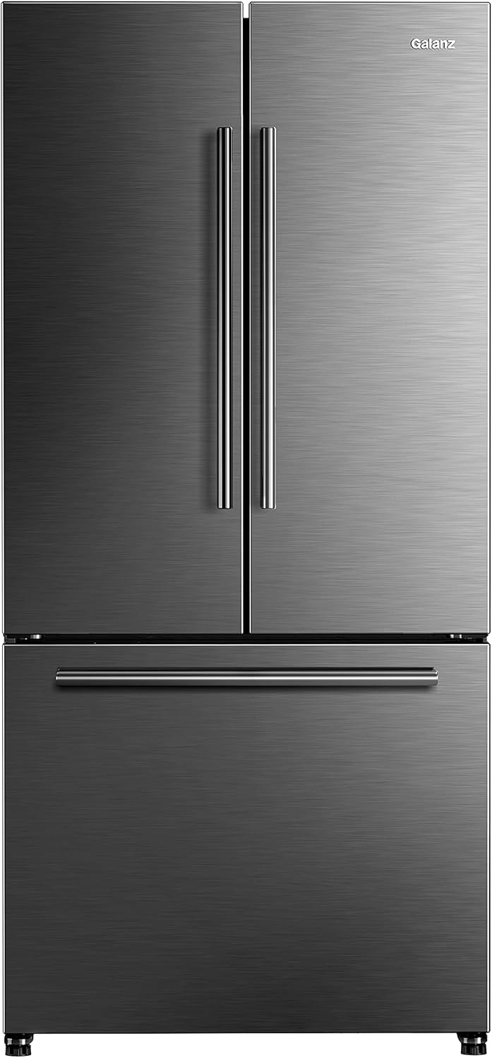 GLR18FS5S16 French Door Refrigerator with Installed Ice Maker and Bottom Freezer Adjustable Electrical Thermostat Control, Frost Free, Energy Star Certified, Stainless Steel, 18 Cu Ft Stainless Steel 18 cu ft Installed Ice Maker with Handles