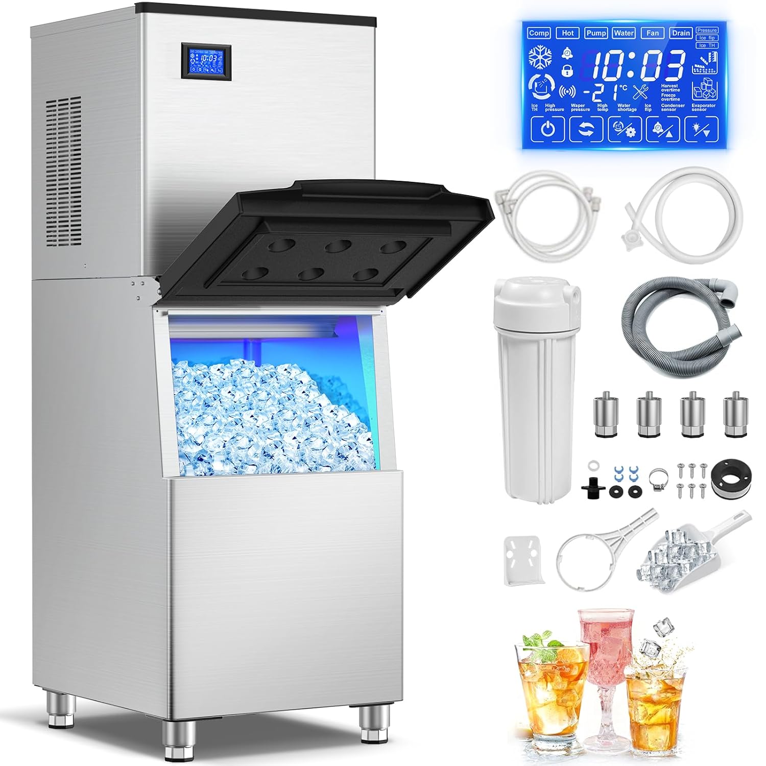 Ice Maker Commercial Ice Machine Large Capacity Stainless Steel 500 Lbs/24H Industrial Ice Machine, 350 Lbs Storage Commercial Ice Machines Free Standing, Cubes Ice Makers Commercial 500LBS/24H Stainless Steel