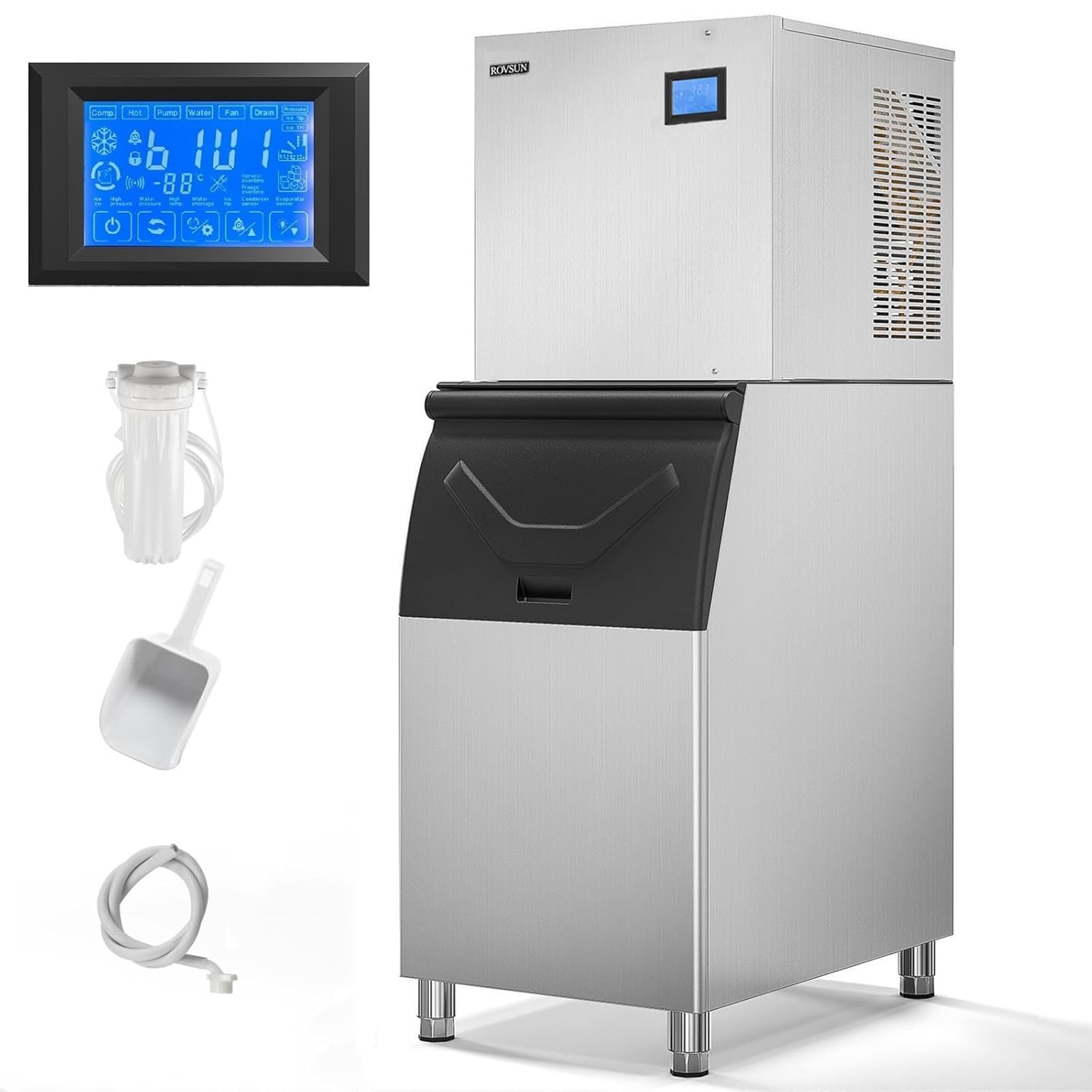Commercial Ice Maker, 400LBS/24H Smart LCD Panel Commercial Ice Machine with 300LBS Storage for Restaurant Bar Store Bar Supermarket, Home & More, Include Water Filter & Scoop 400lb with 300lb storage Freestanding