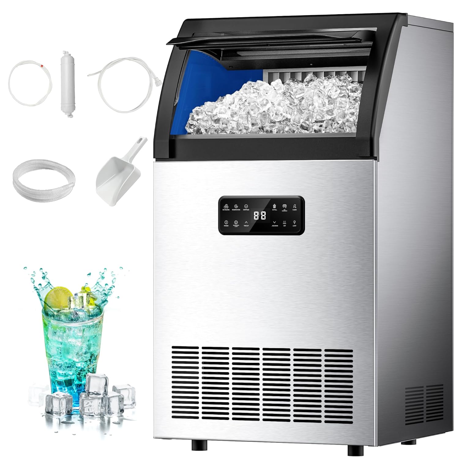 Commercial Ice Maker,105lbs/24H,Stainless Steel Under Counter Ice Machine with Water Filter,33lbs Storage Capacity, 45 Cubes in 8-12 Mins, Freestanding Ice Machine for Home/Bar/Cafe/Restaurant 105lbs/day