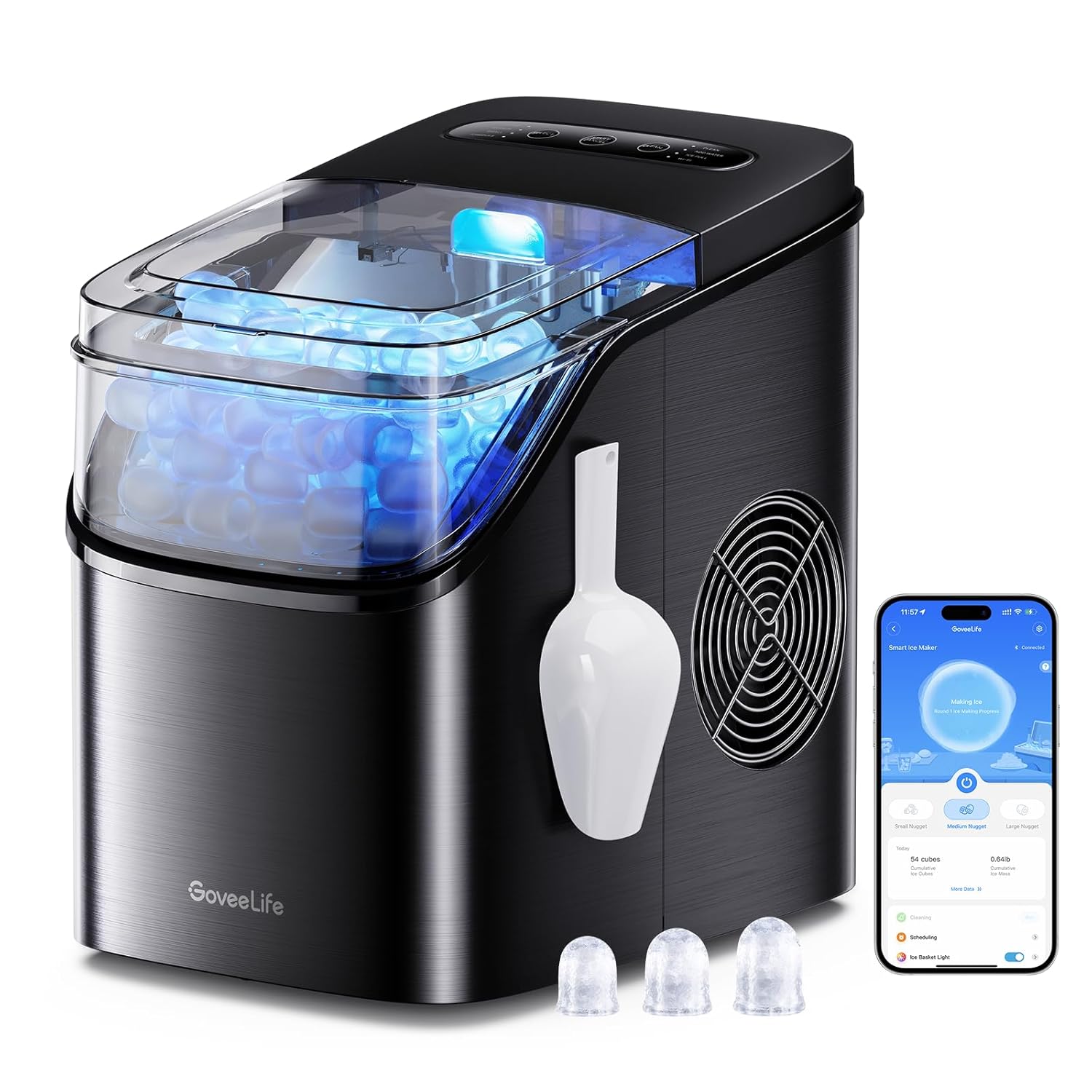 Smart Ice Maker Countertop, Portable Ice Machine with Voice Control, 9 Ice Cubes in 6 Minutes 3 Sizes, 26lbs/24Hrs, Self Cleaning RGB Lights, Quiet Ice Maker with Scoop for Kitchen Black