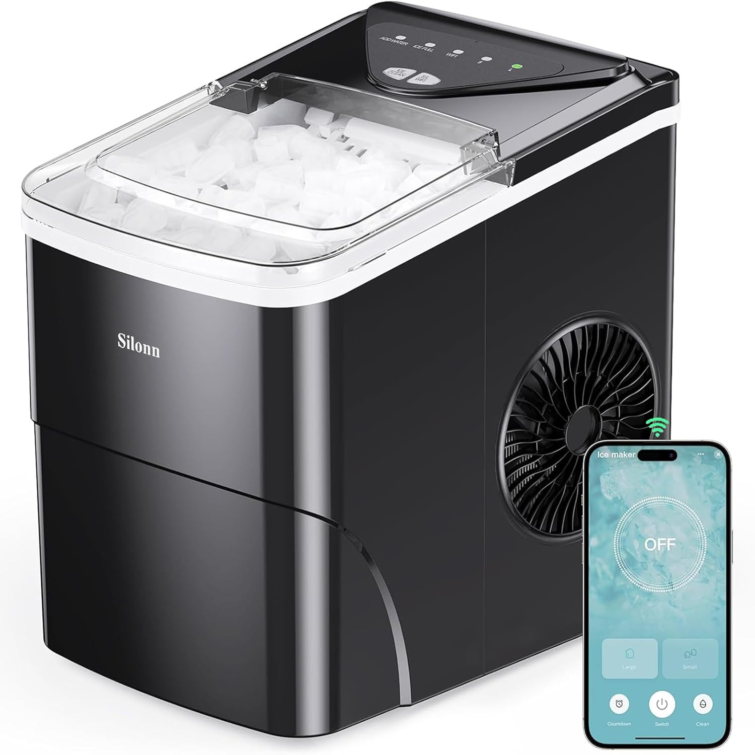 Smart Countertop Ice Maker, Compact Wi-Fi Ice Maker with App Control, 9 Cubes in 6 Mins, 26 lbs per Day, 2 Ice Cube Sizes, Portable Ice Maker with Self-Cleaning for Kitchen/Office/RV Black-APP 26lbs