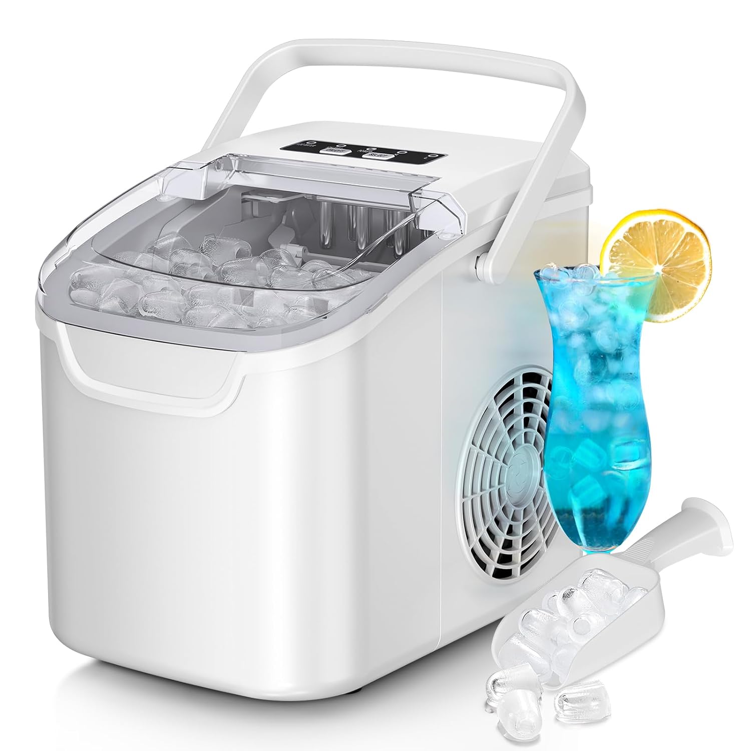 Countertop Ice Maker Machine, 8 Ice Cubes in 6 mins, 26lb/Day Ice with 2 Sizes- Portable Mini, Energy Saving & Basket/Scoop for Home/Party/Travel/Camping/Bar,White Pure White 26Lbs/24H