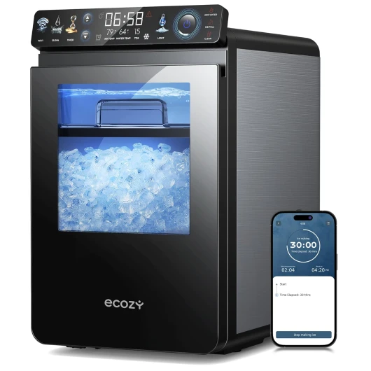 Nugget Ice Maker Countertop, Smart Pebble Ice Machine with APP Control, 44 lbs/24H Soft Pellet Chewable Ice with Self-Cleaning, Stainless Steel Silver Nugget Ice Maker
