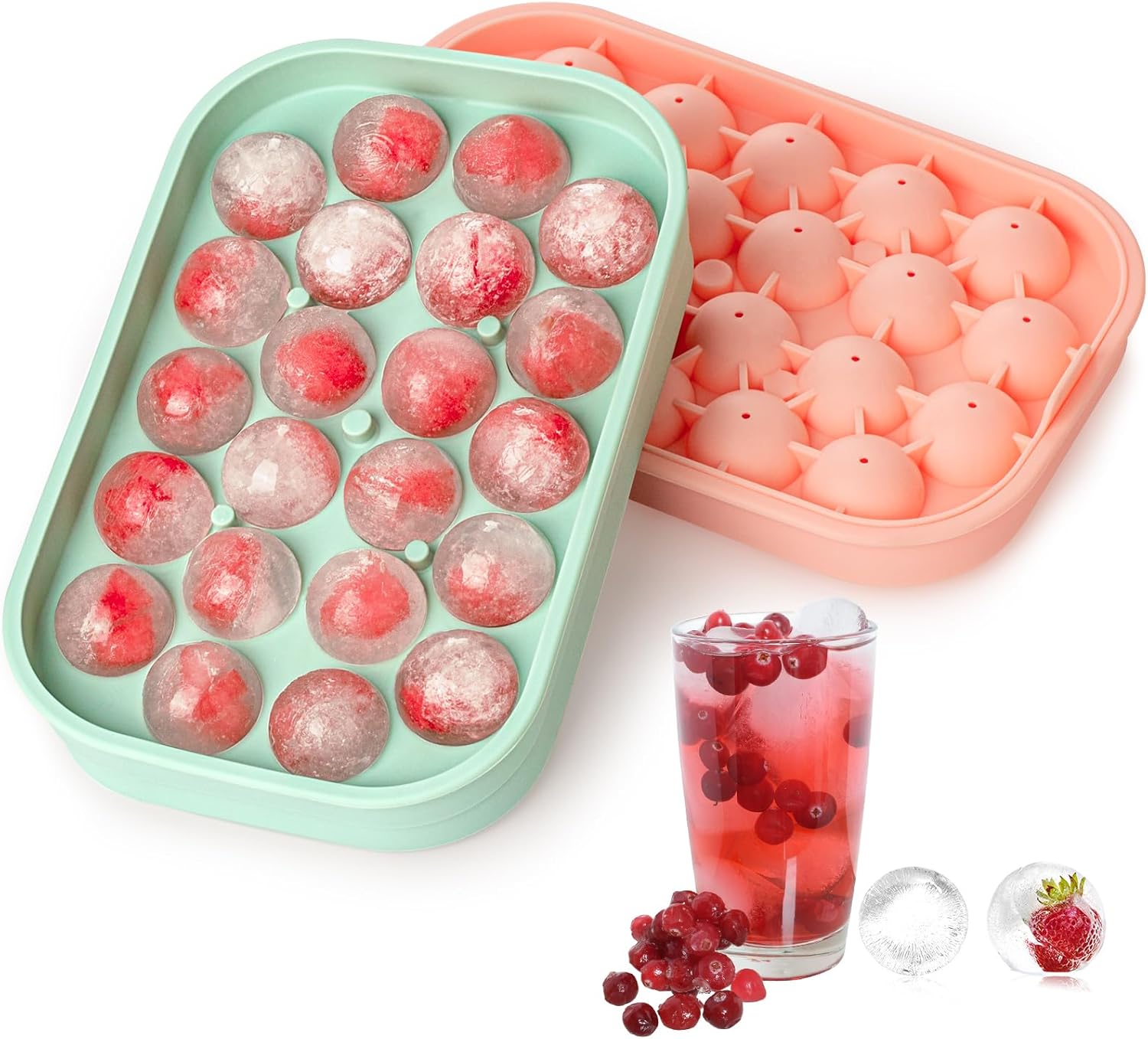 Ice Cube Tray, 2 Pack Flexible Silicone 22 Ice Balls Maker with Lid BPA Free Easy-Release Ice Cube Trays for Freezer, DIY Homemade Round Ice Cubes for Whiskey, Cocktails, Coffee B:2PC Green+Pink