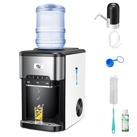 3-in-1 Portable Ice Maker Water Dispenser Countertop Built-in Ice Machine 44lbs Ice Daily Top Loading 5 Gallon Hot Cold Water Dispenser w - 4lb Ice Storage & Cleaning Sets, Water Pump Black