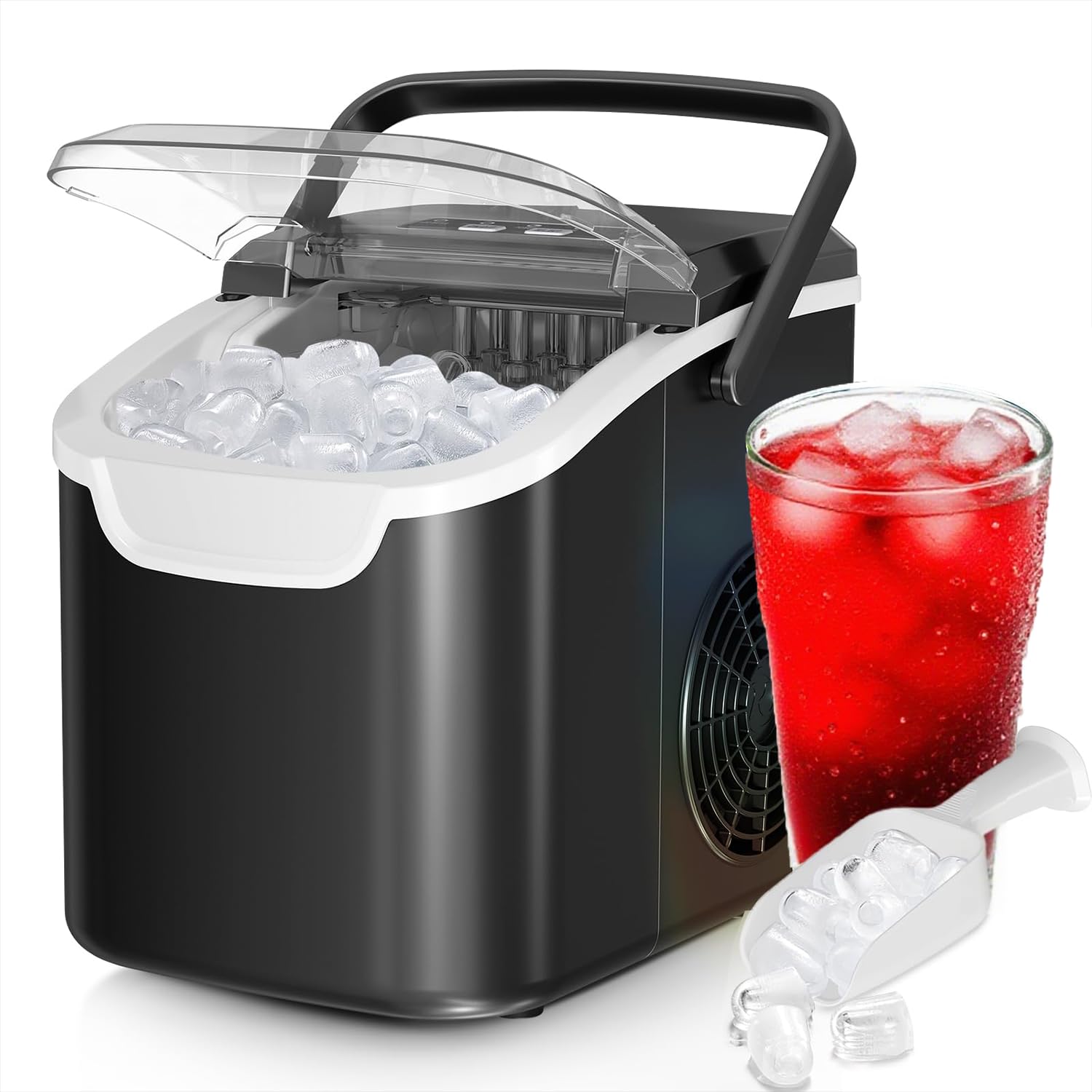 Ice Makers Countertop, 8pcs/ 6mins with 2 Sizes, Self-Cleaning, 26.5Lbs/Day Quiet Portable Mini Ice Machine with Basket/Scoop, Energy Saving for Home/Office/Kitchen/RV, Black Matte Black 26.5LBS/DAY