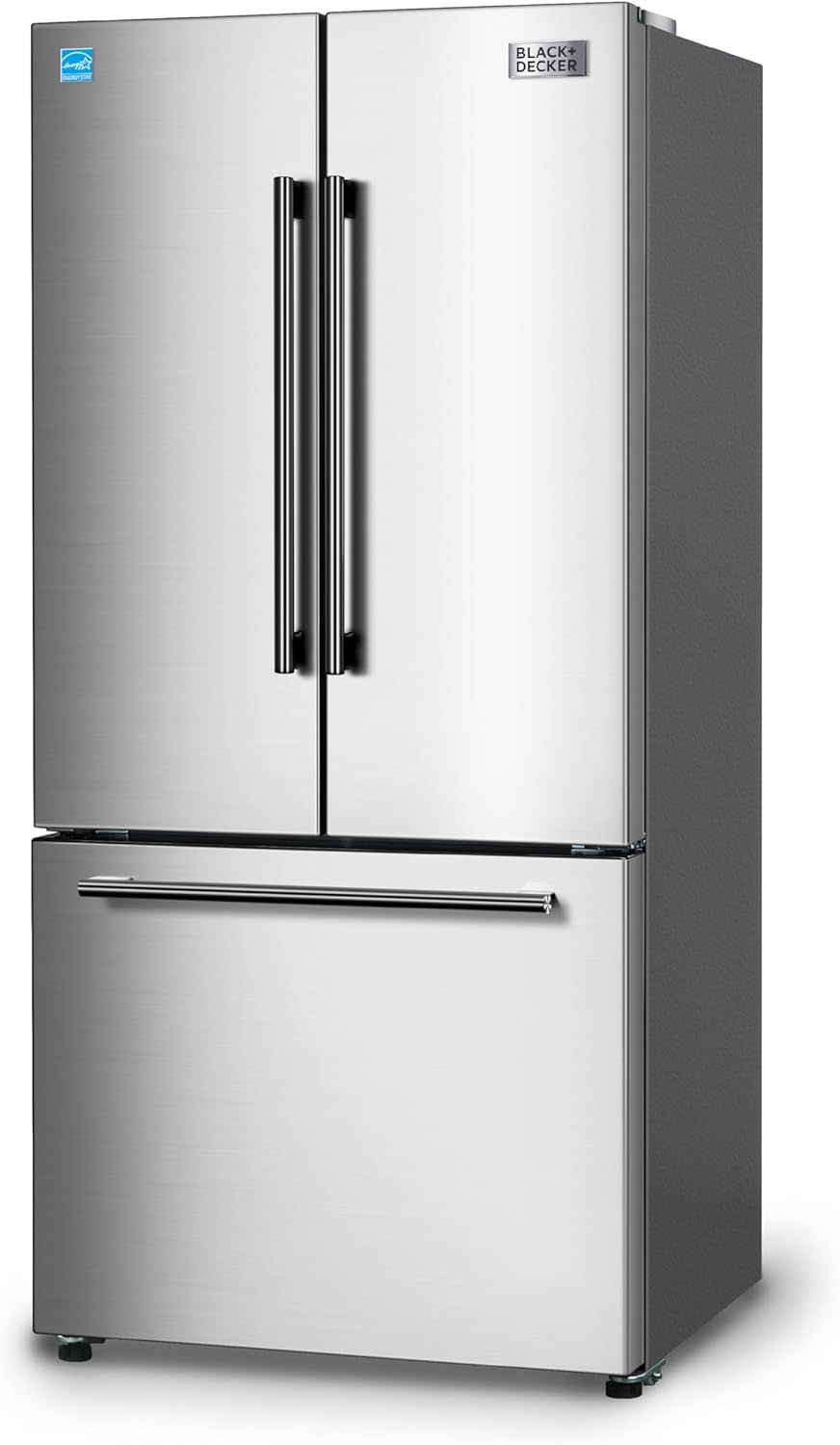 BLACK+DECKER 18 Cu - Ft - French Door Refrigerator with Built-in Ice Maker, Full Size Refrigerator with Bottom Mount Freezer Drawer, Frost Free, ENERGY STAR certified, BRF1800GIMS, Stainless Look French Door 18 Cu - Ft - Stainless Steel Look