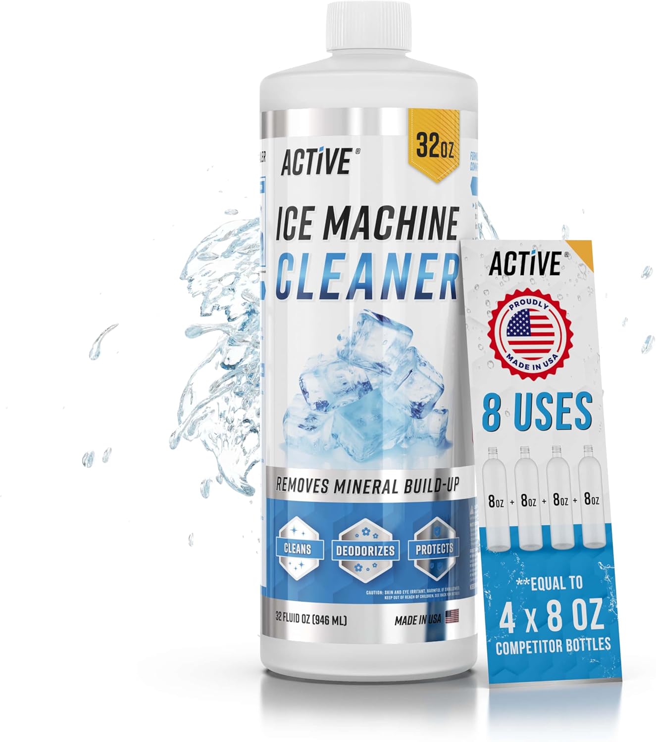 Ice Machine Cleaner Maker Descaler - 32 fl oz (8 Uses) Nickel Safe Ice Maker Cleaner Solution - Compatible with Whirlpool 4396808, Scotsman,Manitowoc,Hoshizaki, GE Opal Cleaning Kit - USA Made 32 oz Descaling Solution for Ice Maker