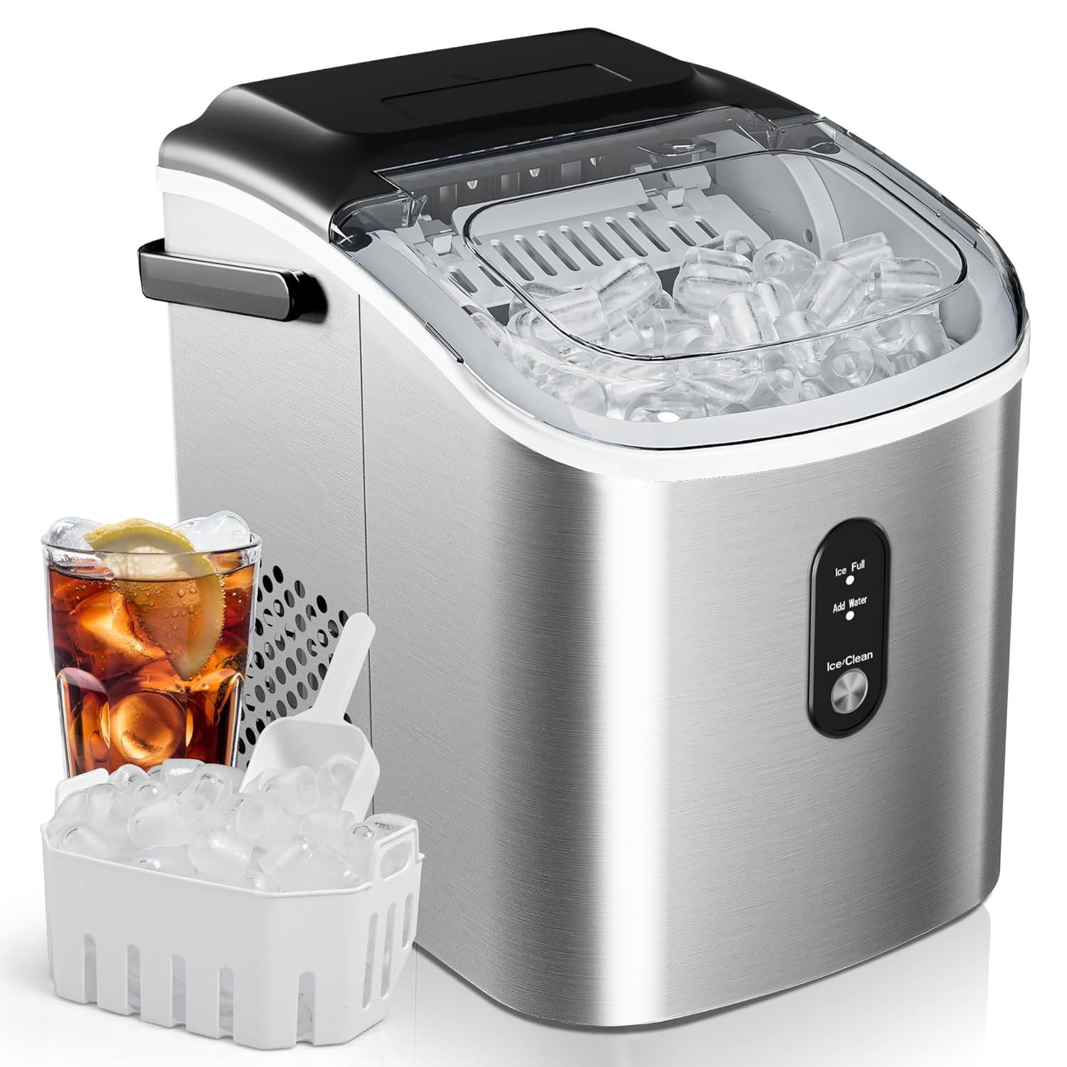 Ice Maker Countertop, Portable Ice Machine with Carry Handle, 26.5lbs Per Day, 9 Cubes in 6 Mins, Auto-Cleaning, with Basket and Scoop, for Home, Kitchen, Camping, RV (Silver) Stainless Steel Silver 26.5lbs