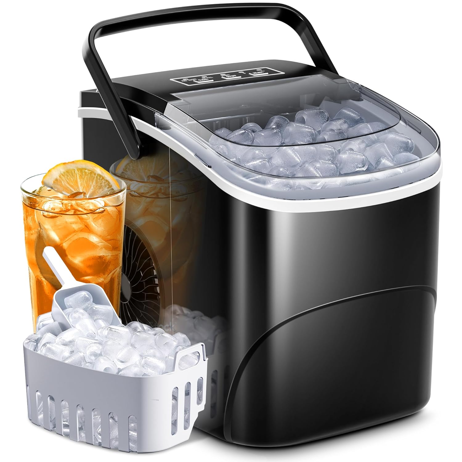 Ice Makers Countertop with Handle,26.5Lbs/24H,9 Cubes in 6 Mins,2 Sizes of Bullet Ice,Portable Machine with Self-Cleaning,Perfect for Home Kitchen(Black) 26.5Lbs/24H BLACK 1