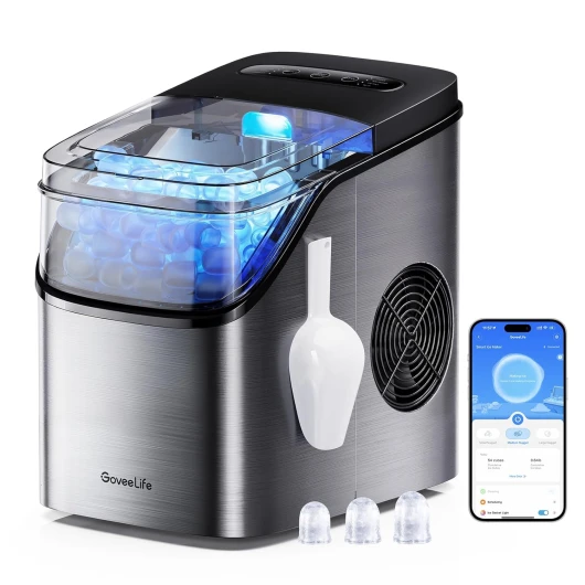 Smart Ice Maker Countertop, Portable Ice Machine with Voice Control, 9 Ice Cubes in 6 Minutes 3 Sizes, 26lbs/24Hrs, Self Cleaning RGB Lights, Quiet Ice Maker with Scoop for Kitchen Silver