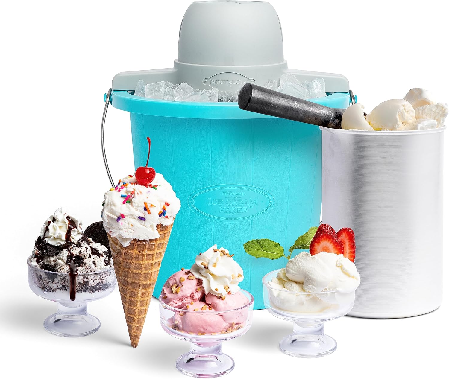 Electric Ice Cream Maker - Old Fashioned Soft Serve Ice Cream Machine Makes Frozen Yogurt or Gelato in Minutes - Fun Kitchen Appliance - Blue - 4 Quart 4 Qt Blue