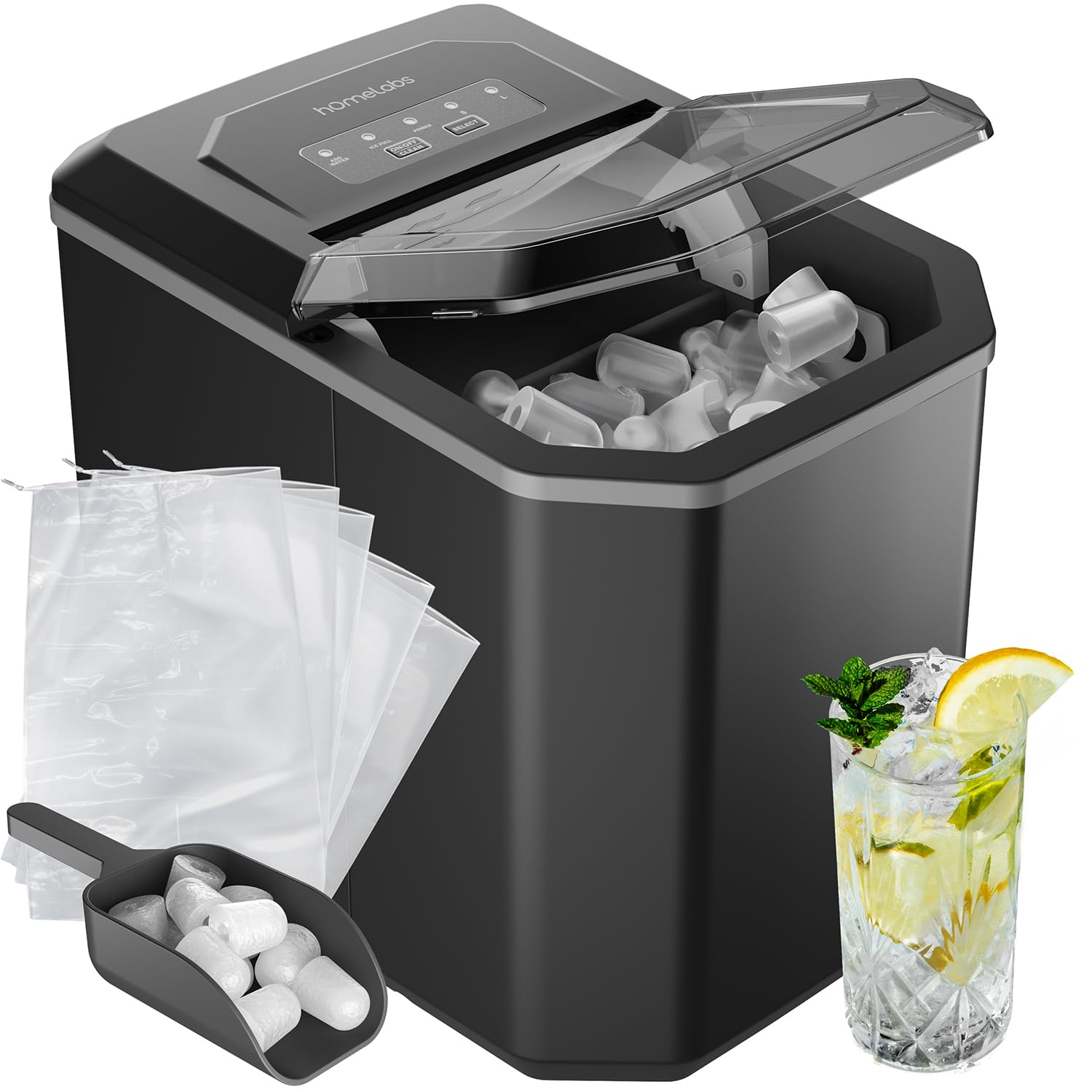 Countertop Ice Maker – Compact Bullet Ice Machine, 2 Ice Sizes, 26 lbs/Day, Self-Cleaning – Includes Ice Scoop & 5 Ice Bags – Sleek Black Portable Ice Maker for Home & Kitchen Bullet Ice Maker (Upgraded Model) Ice Maker