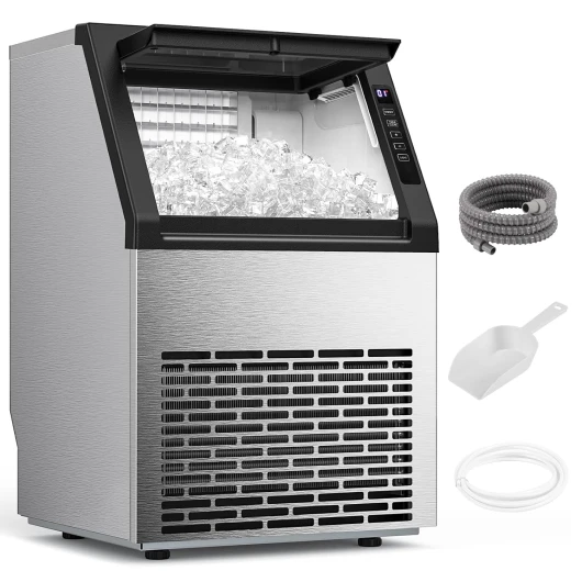 Commercial Ice Maker Machine, 80Lbs/24H Stainless Steel Undercounter Ice Maker with 24Lbs Storage Capacity, Self-Cleaning Freestanding Ice Machine for Home, Bar, Restaurant, Office, Outdoor