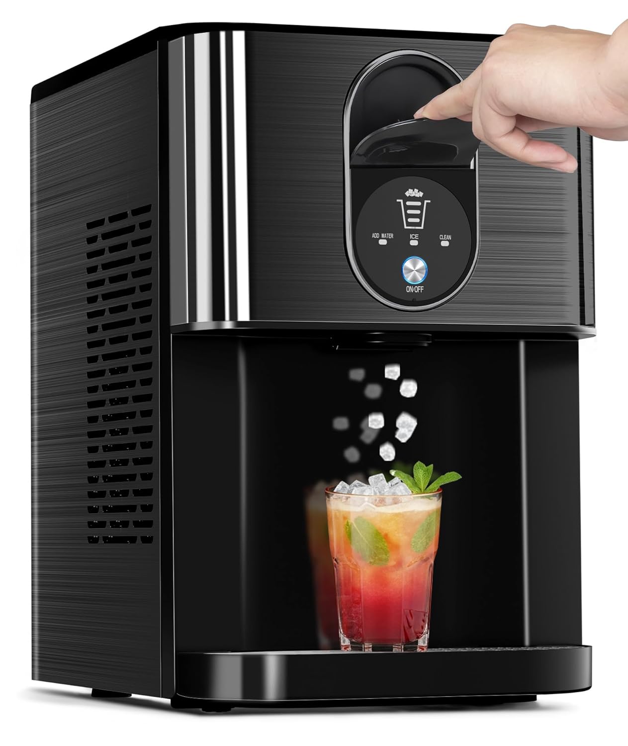 Nugget Ice Makers Countertop, Pellet Ice Maker Machine Dispenser with Water Reservoir with 44lbs/24H, Self-Cleaning, Soft Chewable Ice Maker Machine for Home/Kitchen/Office, Black Stainless