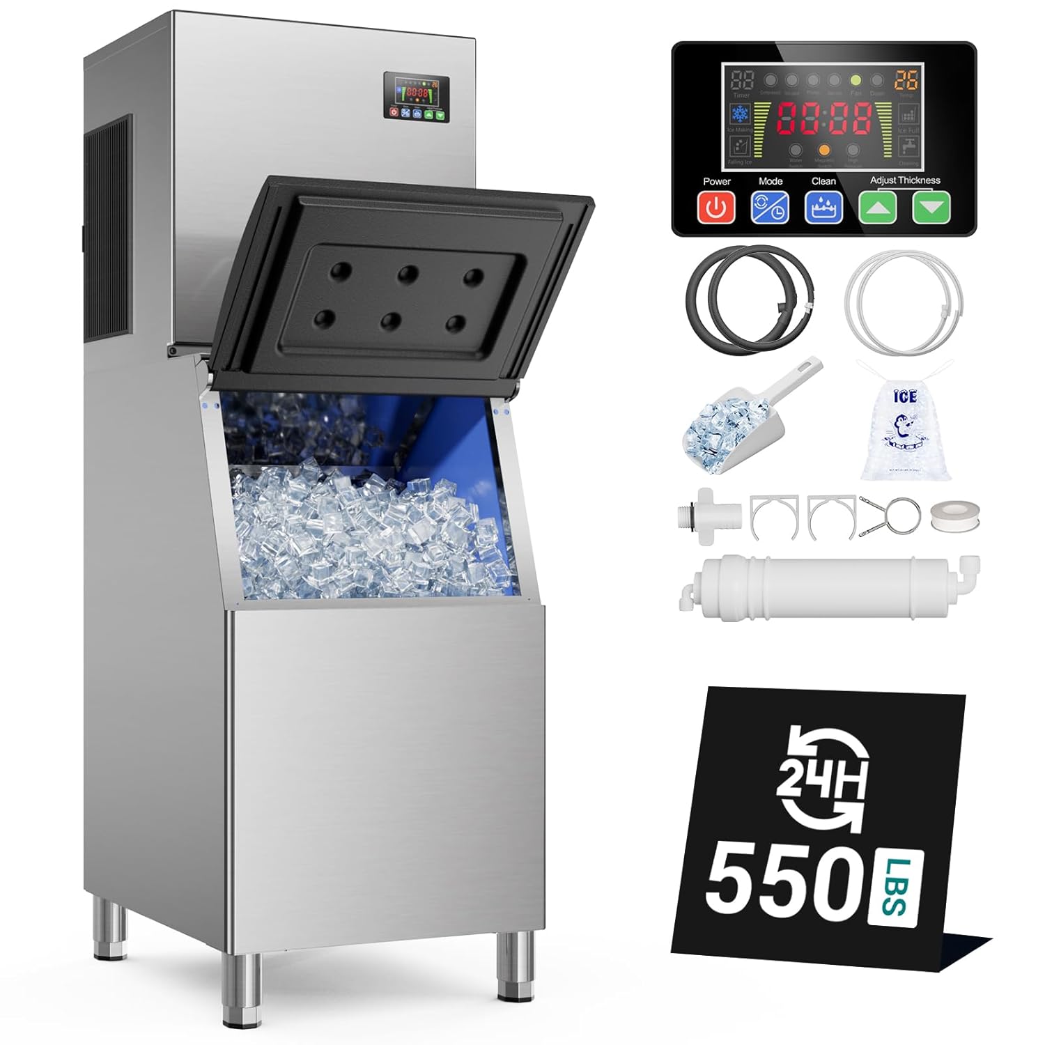 Commercial Ice Maker Machine 550lbs/24H Stainless Steel, with 360LBS Storage Bin, Industrial Ice Machine, Ice Ready in 5-15min, Perfect for Bars,Cafes 550LBS 1