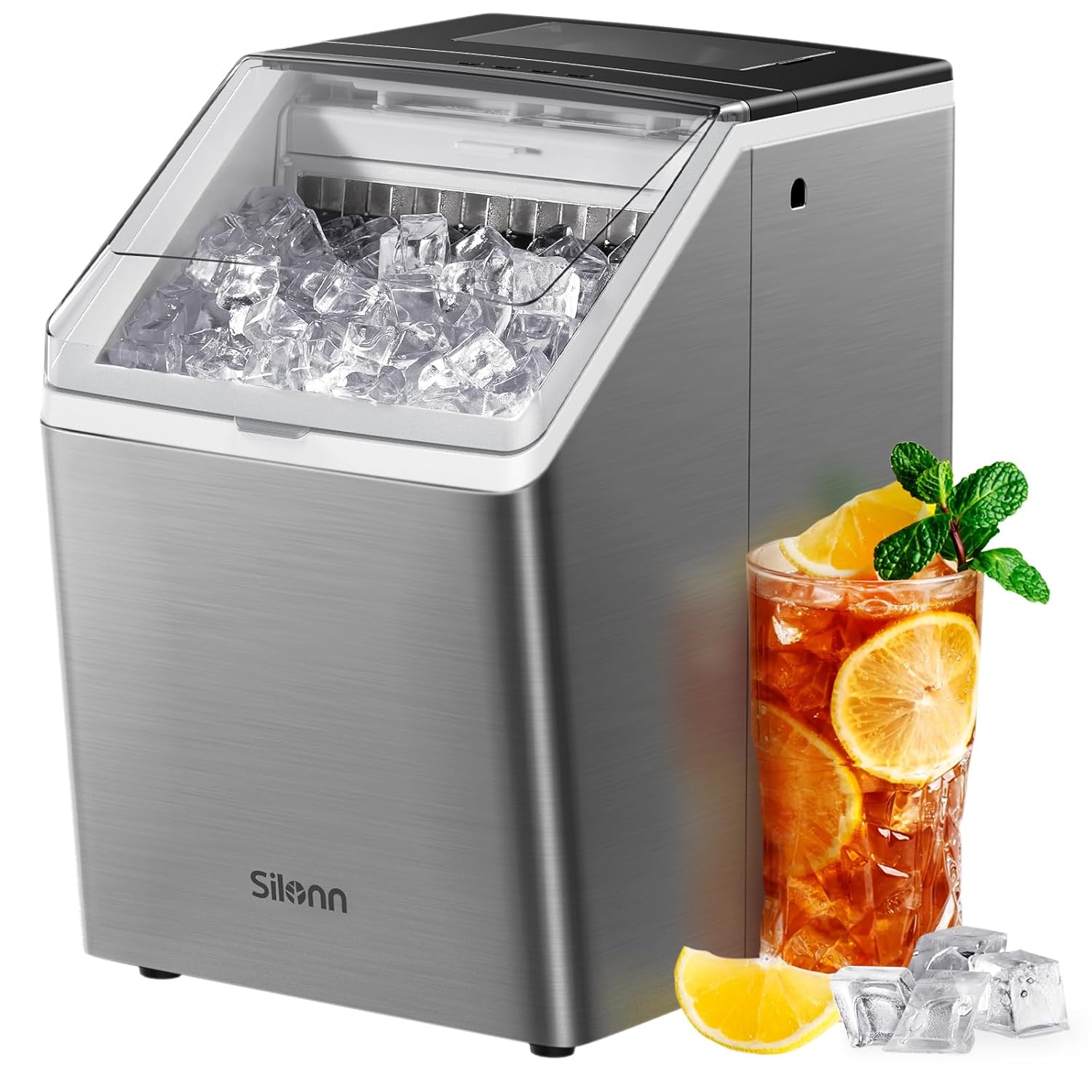 Ice Maker Countertop 44lbs/Day, Ice Cube Maker with Self-Cleaning, Stainless Steel Ice Machine with 2 Water Fill Options, Compact for Home Office Bar Party Stainless Steel-PRO
