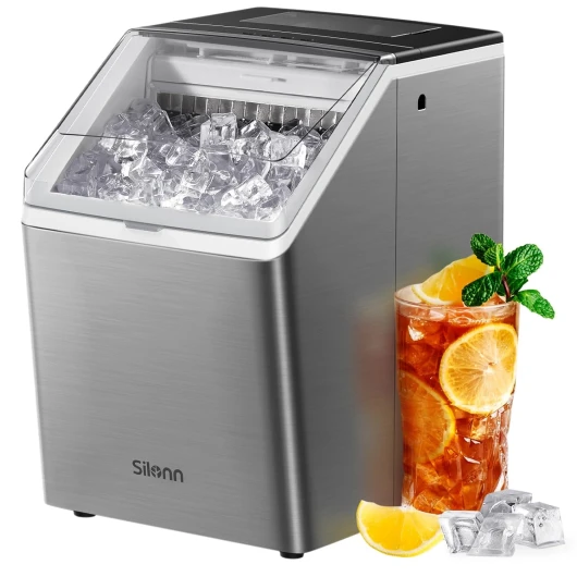 Ice Maker Countertop 44lbs/Day, Ice Cube Maker with Self-Cleaning, Stainless Steel Ice Machine with 2 Water Fill Options, Compact for Home Office Bar Party Stainless Steel-PRO