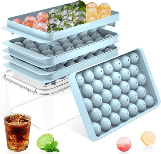Ice Cube Tray with Lid and Bin – Round Ice Cube Trays for Freezer, BPA-Free Food-Grade Ice Mold, Stackable Ice Ball Maker, Iced Bucket Kits, Circle Ice Tray for Cocktails, Whiskey, Coffee, and Drinks 1.2in/62balls&box
