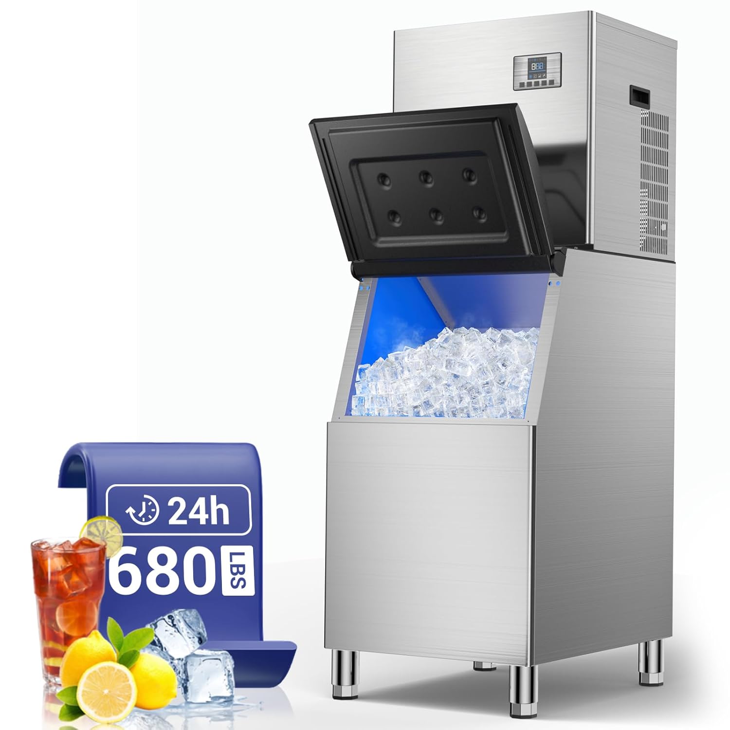 Commercial Ice Maker, 680 LBS/24h with 560 LBS Storage Bin, 210 Ice Cubes Ready in 5-15 min, Self Cleaning Stainless Steel Industrial Ice Machine for Bar Restaurant Cafe 680LBS/24H