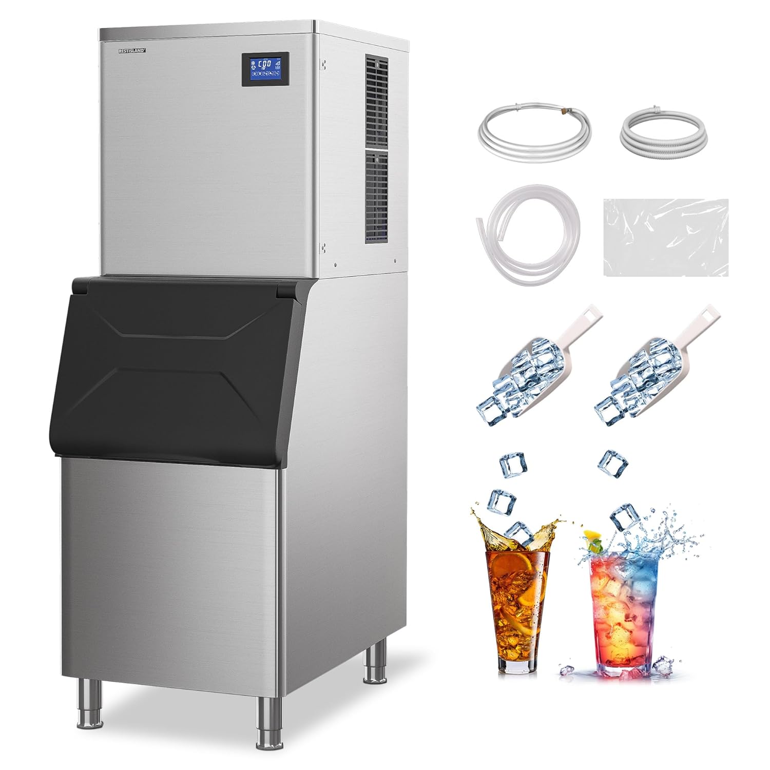 Commercial Ice Maker Machine 400 lbs /24 h, 330 lbs Storage Bin, ETL Approved Industrial Ice Machine, Automatic Cleaning, LCD Display for Bar, Cafe, Restaurant Silver-400