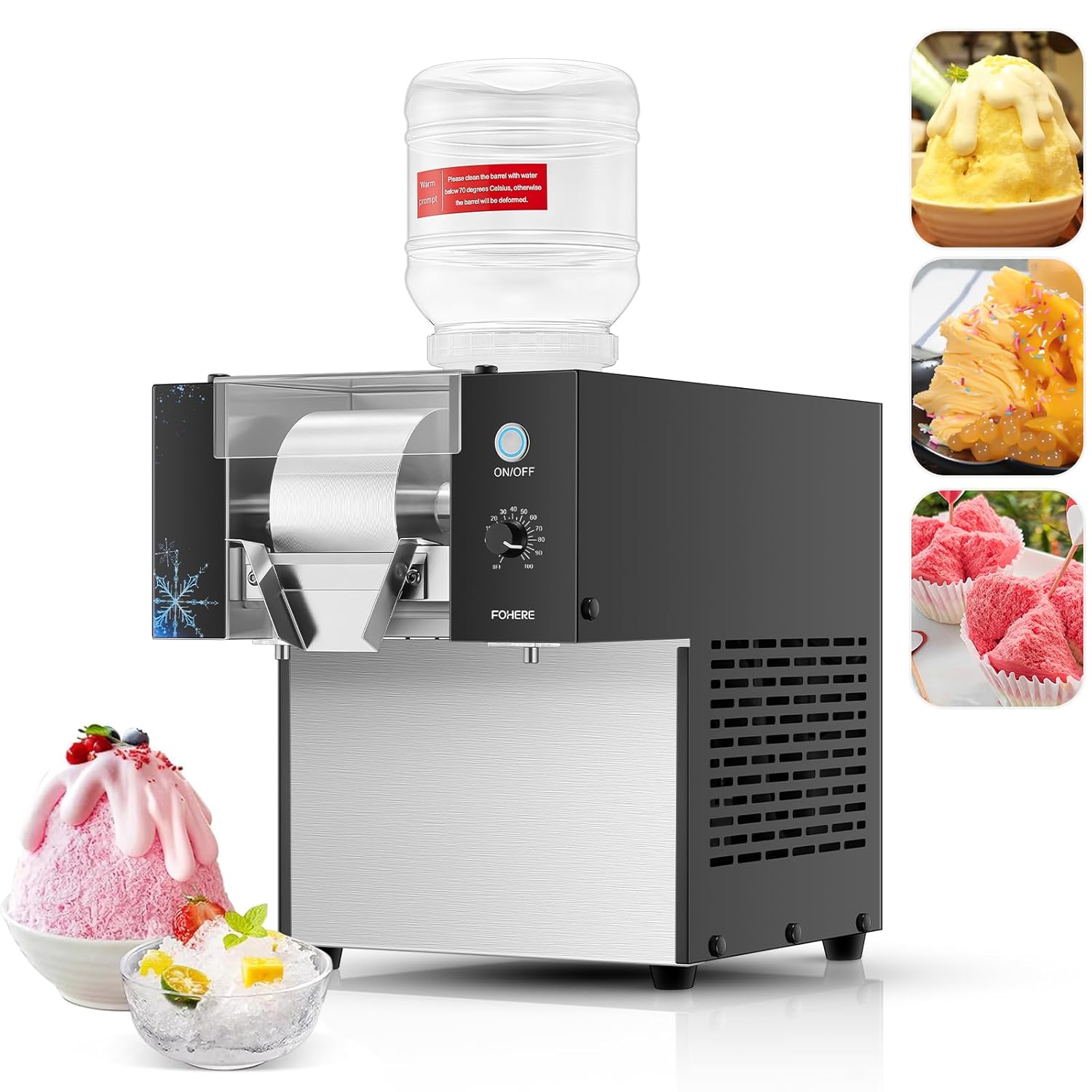 Snowflake Ice Machine Commercial 176LBS/24H, Stainless Steel Ice Shaver Machine Electric Snow Cone Machine, 100-Speed Adjustable, Ice Cream Equipment Dessert Shop Equipment