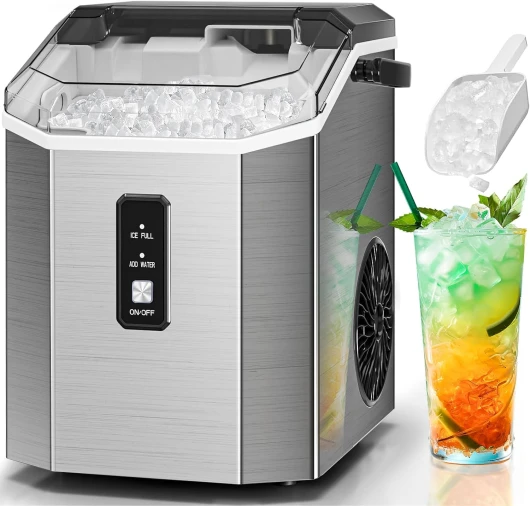 Nugget Ice Makers Countertop with Self-Cleaning, 35lbs/24H, Portable Sonic Ice Maker Machine with Handle/Basket/Scoop for Home, Kitchen, Office, Camping(Stainless Steel Silver)