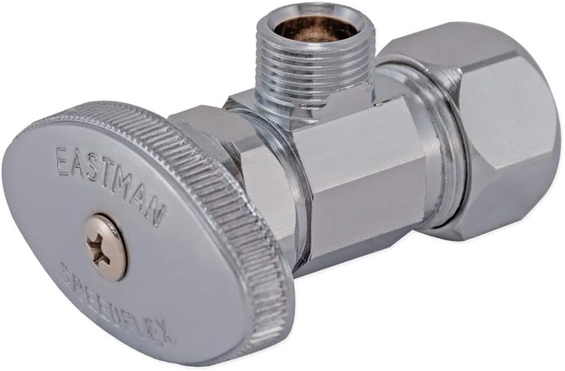 Multi-Turn Angle Stop Valve with Nut and Sleeve, 3/8 Inch OD x 5/8 Inch OD, Chrome Plate, 48290LF