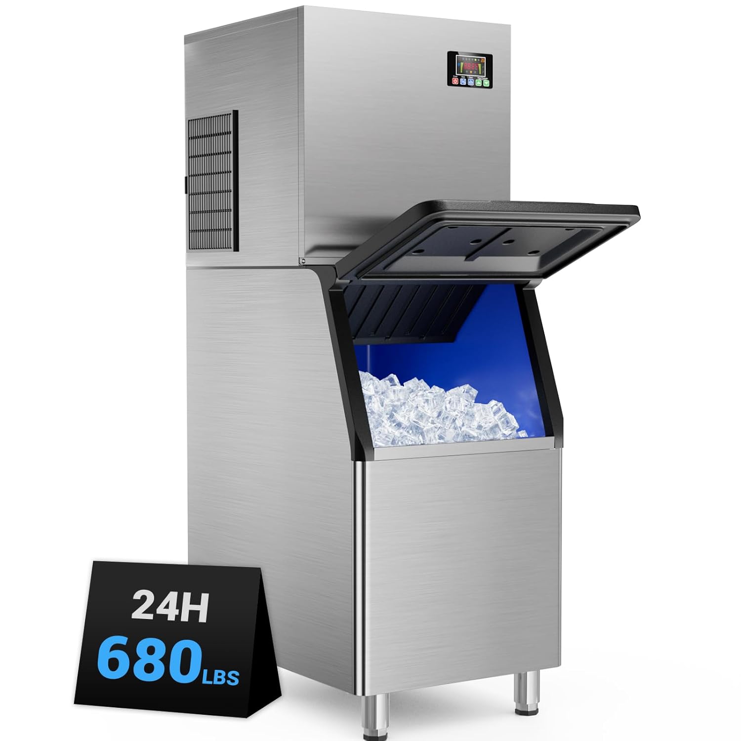 Commercial Ice Machine 680LBS/24H,Storage 560LBS,Large Industrial Ice Maker,Ice Ready in 5-15min,with Self-Cleaning Mode,with Timing Function,30 Levels of Ice Thickness Adjustment,Stainless Steel 680lbs/24h & 560lbs Capacity 1