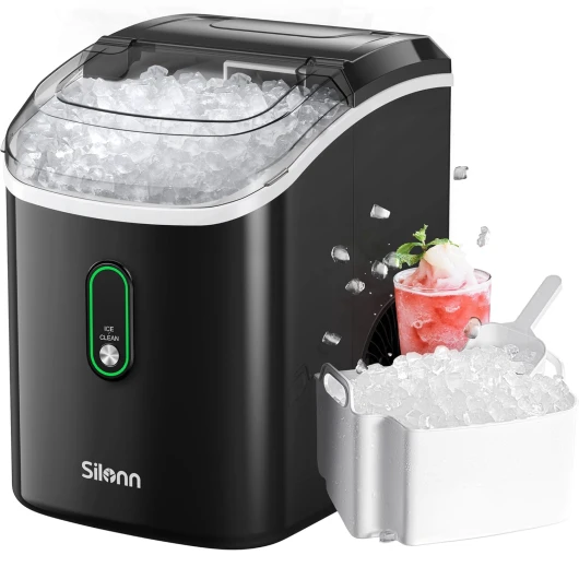 Nugget Ice Maker Countertop, Portable Pellet Ice Machine with Self-Cleaning Function, Sonic Ice Maker Produces 33lbs of Chewable Ice in 24 Hours, Ideal for Home Kitchen and Office, Black Nugget Ice Black-PRO