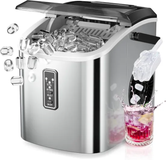 Ice Maker Countertop, 9 Cubes Ready in 6 Mins, 26lbs/24H, Self-Cleaning, Portable Ice Maker Machine with Carry Handle, Basket and Scoop, 2 Sizes of Bullet Ice for Home, Kitchen, Office Silver